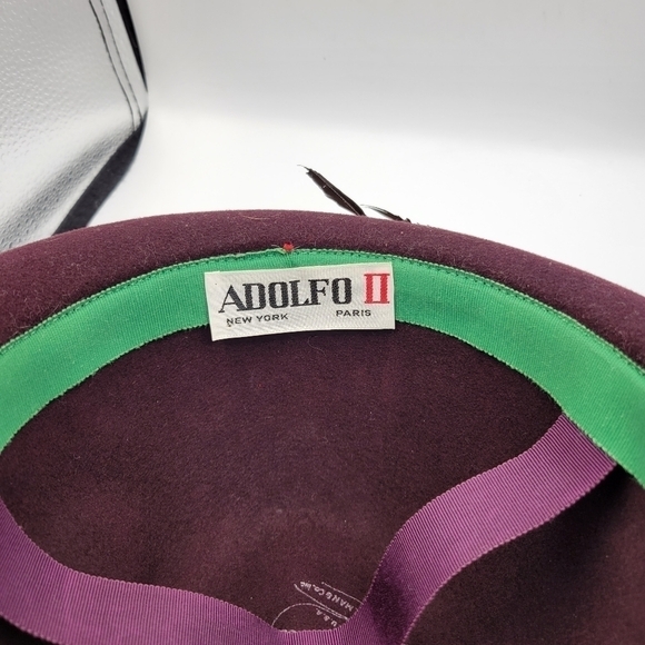 Vintage Adolfo II Wine Brimmed Fedora with Feather - Picture 4 of 8